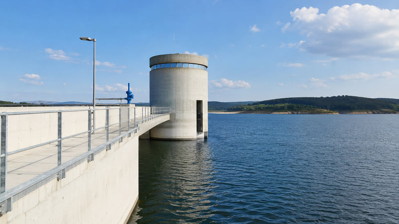 Illustration du domaine de l'alimentation en eau potable : réservoir et plan d'eau de captage